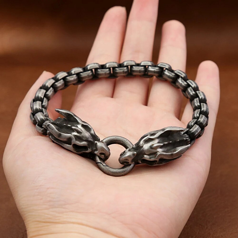 Modes vintage vikingu dubultās pūķa galvas rokassprādzes vīriešiem zēnu panku nerūsējošā tērauda aproces, dzīvnieku aproces, rotaslietas dāvanas vairumtirdzniecība