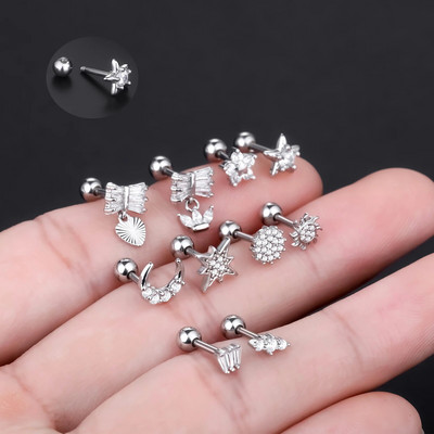 1PC Стоманени CZ цветни пиърсинг за уши Helix Stud Earring за жени Moon Star Lobe Daith Tragus хрущялни обеци за пиърсинг 16G