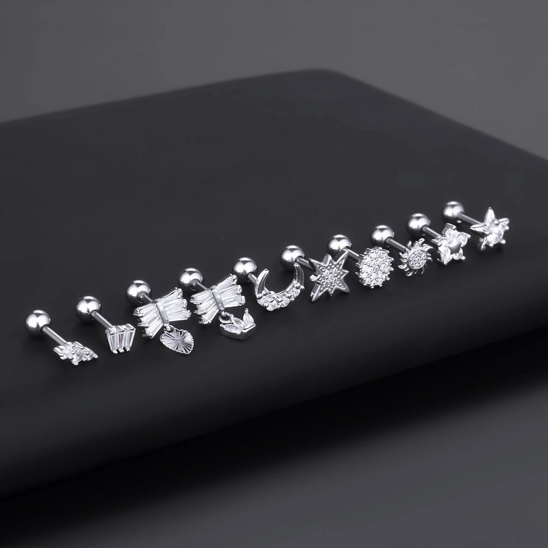 1 τεμ. Ατσάλι CZ Flower Ear Piercings Helix Stud σκουλαρίκι για γυναίκες Moon Star Lobe Daith Tragus Σκουλαρίκια Piercing Cartilage 16G