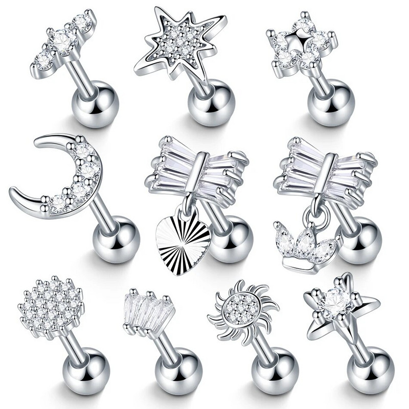 1 τεμ. Ατσάλι CZ Flower Ear Piercings Helix Stud σκουλαρίκι για γυναίκες Moon Star Lobe Daith Tragus Σκουλαρίκια Piercing Cartilage 16G