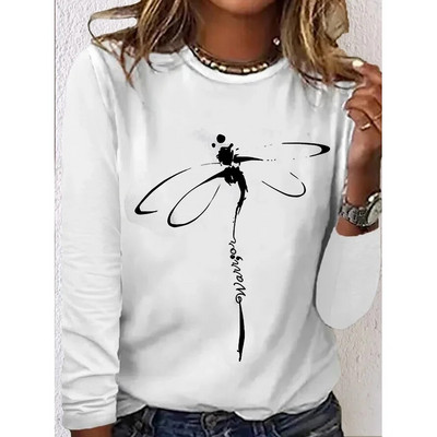 Sieviešu vienkrāsaini T-krekli Smieklīgi 3D ģeometriski apdrukai ar O veida izgriezumu Modes Harajuku Lielizmēra T-krekli ar garām piedurknēm sieviešu apģērbiem