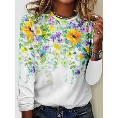 Sieviešu 3D ziedu apdruka T-krekls ar garām piedurknēm T-krekls, 2023. gada modes jauns rudens ikdienas Harajuku vintage apģērbs, sieviešu kapuces