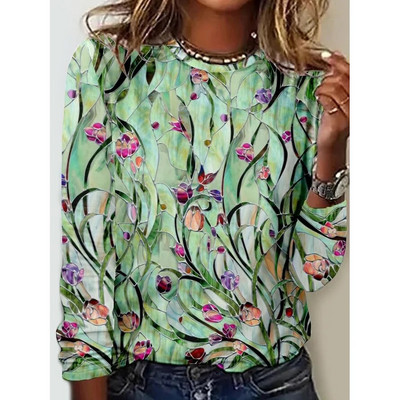 Sieviešu 3D ziedu apdruka T-krekls ar garām piedurknēm T-krekls, 2023. gada modes jauns rudens ikdienas Harajuku vintage apģērbs, sieviešu kapuces