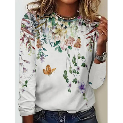 Sieviešu 3D ziedu apdruka T-krekls ar garām piedurknēm T-krekls, 2023. gada modes jauns rudens ikdienas Harajuku vintage apģērbs, sieviešu kapuces