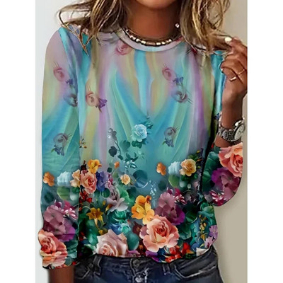 Sieviešu 3D ziedu apdruka T-krekls ar garām piedurknēm T-krekls, 2023. gada modes jauns rudens ikdienas Harajuku vintage apģērbs, sieviešu kapuces