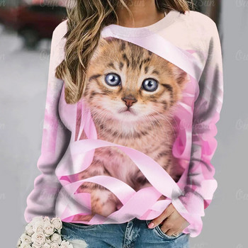 2023 Нова дамска 3d тениска с О-образно деколте с дълъг ръкав, котка, кученце, мода, животно, сладък домашен любимец, голям ежедневен свободен памучен облекло