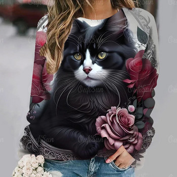 2023 Нова дамска 3d тениска с О-образно деколте с дълъг ръкав, котка, кученце, мода, животно, сладък домашен любимец, голям ежедневен свободен памучен облекло