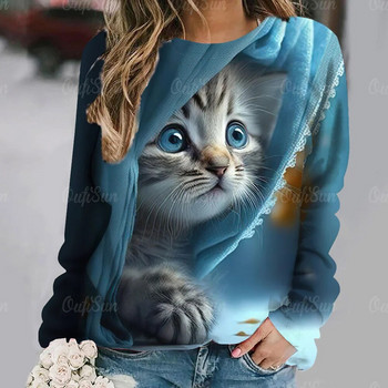 2023 Νέο γυναικείο μπλουζάκι 3d με μακρυμάνικο λαιμόκοψη γάτα με κουτάβι Μόδα με χαριτωμένα κατοικίδια στάμπα Μεγάλα casual χαλαρά βαμβακερά ρούχα