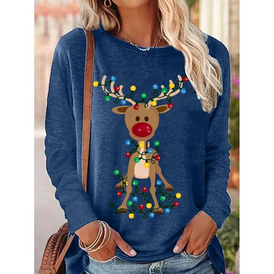 2023 Νέο φθινοπωρινό γυναικείο μακρυμάνικο μπλουζάκι με λαιμόκοψη Καλά Χριστούγεννα Πουλόβερ με στάμπα ελαφιού Loose size Μπλουζάκια Γυναικεία μπλουζάκια μόδας