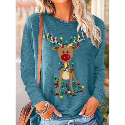 2023 Νέο φθινοπωρινό γυναικείο μακρυμάνικο μπλουζάκι με λαιμόκοψη Καλά Χριστούγεννα Πουλόβερ με στάμπα ελαφιού Loose size Μπλουζάκια Γυναικεία μπλουζάκια μόδας