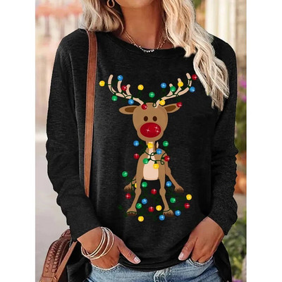 2023 Νέο φθινοπωρινό γυναικείο μακρυμάνικο μπλουζάκι με λαιμόκοψη Καλά Χριστούγεννα Πουλόβερ με στάμπα ελαφιού Loose size Μπλουζάκια Γυναικεία μπλουζάκια μόδας