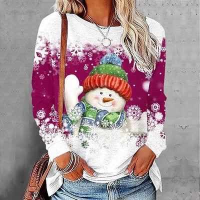 2023 Νέο φθινοπωρινό γυναικείο μακρυμάνικο μπλουζάκι με λαιμόκοψη Καλά Χριστούγεννα Πουλόβερ με στάμπα ελαφιού Loose size Μπλουζάκια Γυναικεία μπλουζάκια μόδας