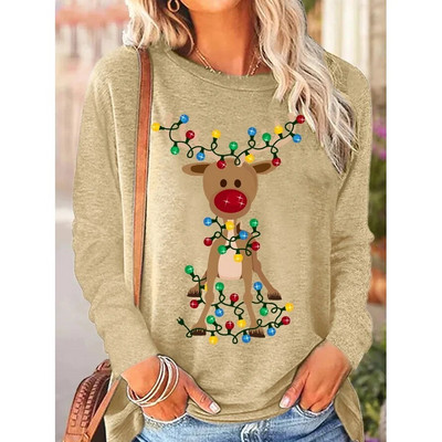 2023 Νέο φθινοπωρινό γυναικείο μακρυμάνικο μπλουζάκι με λαιμόκοψη Καλά Χριστούγεννα Πουλόβερ με στάμπα ελαφιού Loose size Μπλουζάκια Γυναικεία μπλουζάκια μόδας