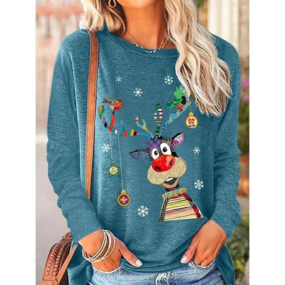 2023 Νέο φθινοπωρινό γυναικείο μακρυμάνικο μπλουζάκι με λαιμόκοψη Καλά Χριστούγεννα Πουλόβερ με στάμπα ελαφιού Loose size Μπλουζάκια Γυναικεία μπλουζάκια μόδας