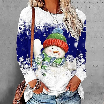 2023 Νέο φθινοπωρινό γυναικείο μακρυμάνικο μπλουζάκι με λαιμόκοψη Καλά Χριστούγεννα Πουλόβερ με στάμπα ελαφιού Loose size Μπλουζάκια Γυναικεία μπλουζάκια μόδας