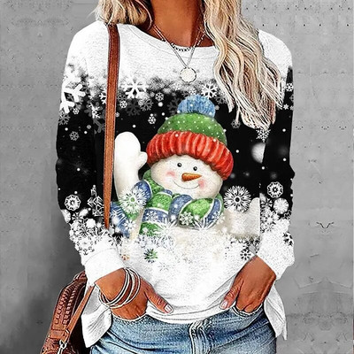 2023 Νέο φθινοπωρινό γυναικείο μακρυμάνικο μπλουζάκι με λαιμόκοψη Καλά Χριστούγεννα Πουλόβερ με στάμπα ελαφιού Loose size Μπλουζάκια Γυναικεία μπλουζάκια μόδας