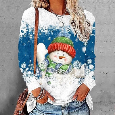 2023 Νέο φθινοπωρινό γυναικείο μακρυμάνικο μπλουζάκι με λαιμόκοψη Καλά Χριστούγεννα Πουλόβερ με στάμπα ελαφιού Loose size Μπλουζάκια Γυναικεία μπλουζάκια μόδας