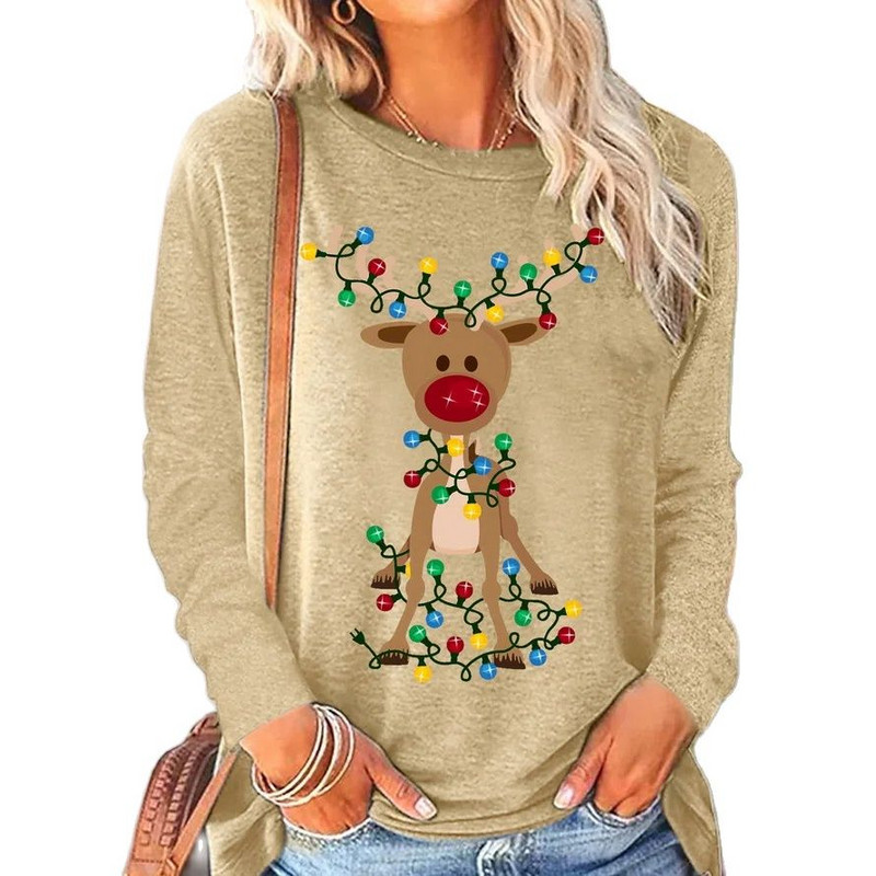 2023 Νέο φθινοπωρινό γυναικείο μακρυμάνικο μπλουζάκι με λαιμόκοψη Καλά Χριστούγεννα Πουλόβερ με στάμπα ελαφιού Loose size Μπλουζάκια Γυναικεία μπλουζάκια μόδας