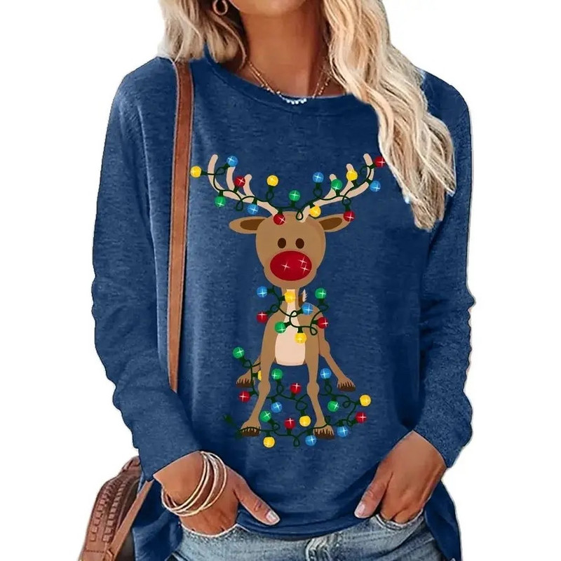 2023 Νέο φθινοπωρινό γυναικείο μακρυμάνικο μπλουζάκι με λαιμόκοψη Καλά Χριστούγεννα Πουλόβερ με στάμπα ελαφιού Loose size Μπλουζάκια Γυναικεία μπλουζάκια μόδας