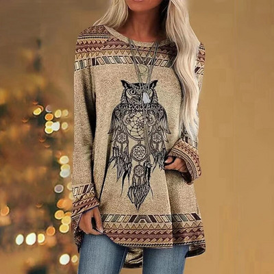 Etniline 3D-prindiga T-särk Naiste Mood T-särgid Vabaaja pikkade varrukatega topid Sügisene graafilise trükiga T-särk lahtised Harajuku Vintage Tees