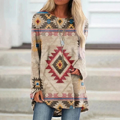 Etniline 3D-prindiga T-särk Naiste Mood T-särgid Vabaaja pikkade varrukatega topid Sügisene graafilise trükiga T-särk lahtised Harajuku Vintage Tees