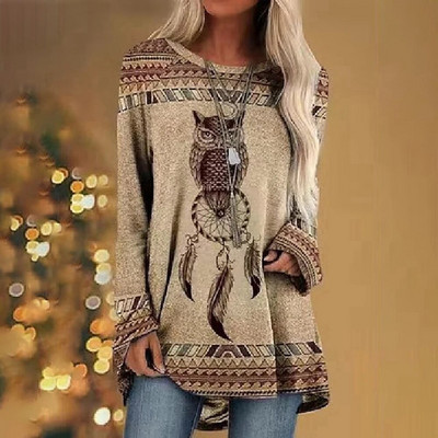 Etniline 3D-prindiga T-särk Naiste Mood T-särgid Vabaaja pikkade varrukatega topid Sügisene graafilise trükiga T-särk lahtised Harajuku Vintage Tees