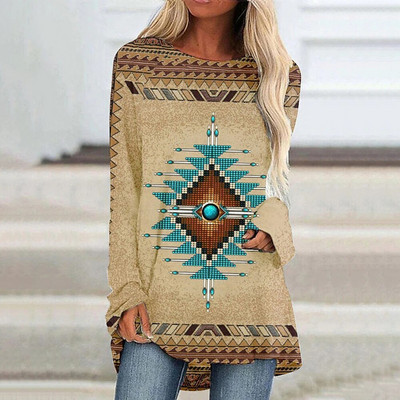 Etniline 3D-prindiga T-särk Naiste Mood T-särgid Vabaaja pikkade varrukatega topid Sügisene graafilise trükiga T-särk lahtised Harajuku Vintage Tees