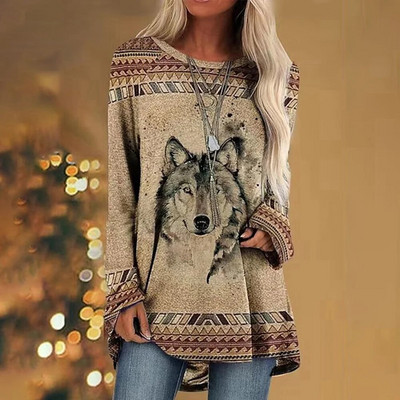 Etniline 3D-prindiga T-särk Naiste Mood T-särgid Vabaaja pikkade varrukatega topid Sügisene graafilise trükiga T-särk lahtised Harajuku Vintage Tees