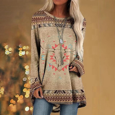 Etniline 3D-prindiga T-särk Naiste Mood T-särgid Vabaaja pikkade varrukatega topid Sügisene graafilise trükiga T-särk lahtised Harajuku Vintage Tees