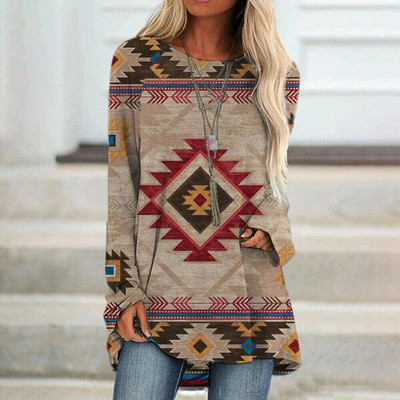 Etniline 3D-prindiga T-särk Naiste Mood T-särgid Vabaaja pikkade varrukatega topid Sügisene graafilise trükiga T-särk lahtised Harajuku Vintage Tees