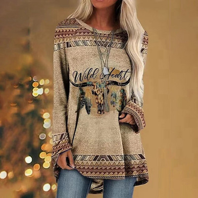 Etniline 3D-prindiga T-särk Naiste Mood T-särgid Vabaaja pikkade varrukatega topid Sügisene graafilise trükiga T-särk lahtised Harajuku Vintage Tees