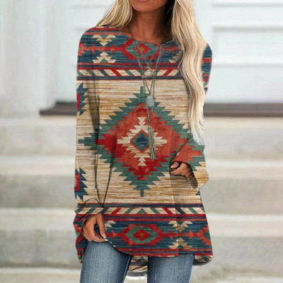 Etniline 3D-prindiga T-särk Naiste Mood T-särgid Vabaaja pikkade varrukatega topid Sügisene graafilise trükiga T-särk lahtised Harajuku Vintage Tees