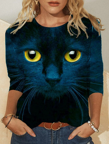 Дамски есенен пуловер, тениски с дълъг ръкав, 3D отпечатана графика, забавна котка, дълга тениска за жени, голяма тениска с O деколте