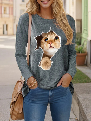 Дамски есенен пуловер, тениски с дълъг ръкав, 3D отпечатана графика, забавна котка, дълга тениска за жени, голяма тениска с O деколте