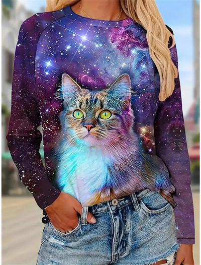 Sieviešu rudens džemperis garām piedurknēm T-krekli ar 3d apdruku, grafiski smieklīgi, gari kaķu T-krekls sievietēm Street O kakla lielizmēra T-krekls