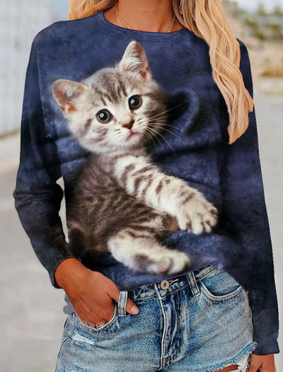 Sieviešu rudens džemperis garām piedurknēm T-krekli ar 3d apdruku, grafiski smieklīgi, gari kaķu T-krekls sievietēm Street O kakla lielizmēra T-krekls