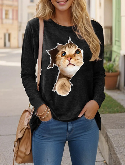 Sieviešu rudens džemperis garām piedurknēm T-krekli ar 3d apdruku, grafiski smieklīgi, gari kaķu T-krekls sievietēm Street O kakla lielizmēra T-krekls