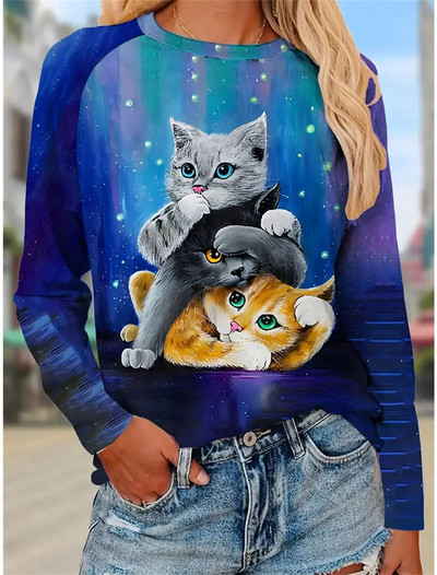 Sieviešu rudens džemperis garām piedurknēm T-krekli ar 3d apdruku, grafiski smieklīgi, gari kaķu T-krekls sievietēm Street O kakla lielizmēra T-krekls