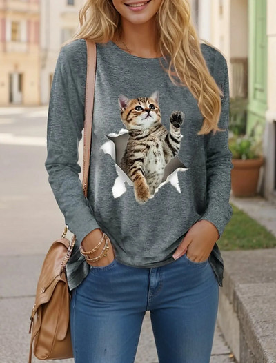 Sieviešu rudens džemperis garām piedurknēm T-krekli ar 3d apdruku, grafiski smieklīgi, gari kaķu T-krekls sievietēm Street O kakla lielizmēra T-krekls