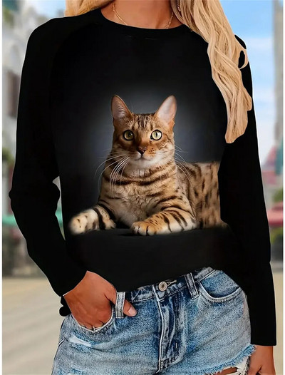 Sieviešu rudens džemperis garām piedurknēm T-krekli ar 3d apdruku, grafiski smieklīgi, gari kaķu T-krekls sievietēm Street O kakla lielizmēra T-krekls