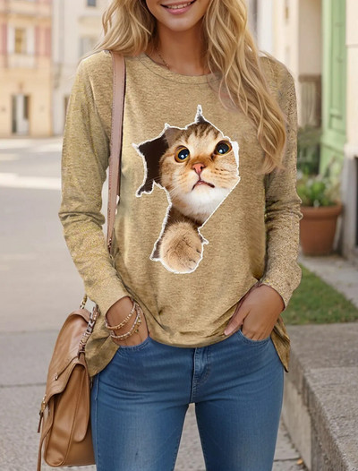 Sieviešu rudens džemperis garām piedurknēm T-krekli ar 3d apdruku, grafiski smieklīgi, gari kaķu T-krekls sievietēm Street O kakla lielizmēra T-krekls