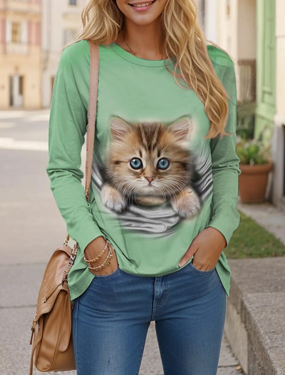Sieviešu rudens džemperis garām piedurknēm T-krekli ar 3d apdruku, grafiski smieklīgi, gari kaķu T-krekls sievietēm Street O kakla lielizmēra T-krekls