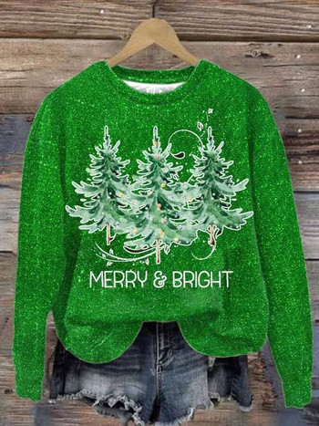 Дамски пуловер Суичър с кръгло деколте с щампа на коледно дърво и пайети Основен пуловер свободен уличен с дълги ръкави есенно зимно горнище