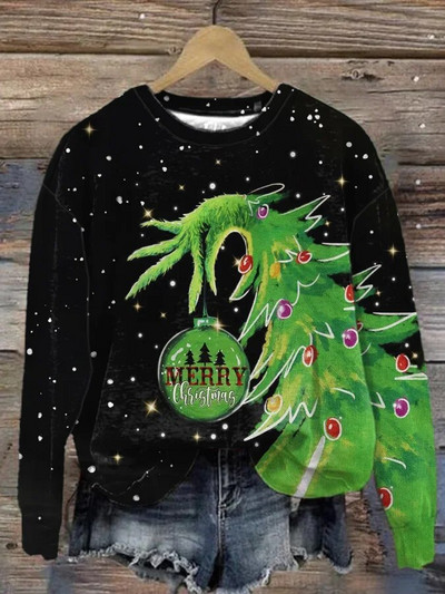 Sieviešu pulovers Ziemassvētku eglītes fliteriem apdrukāts sporta krekls ar apaļu kakla apkakli pamata džemperis brīvs ielas ar garām piedurknēm rudens ziemas tops