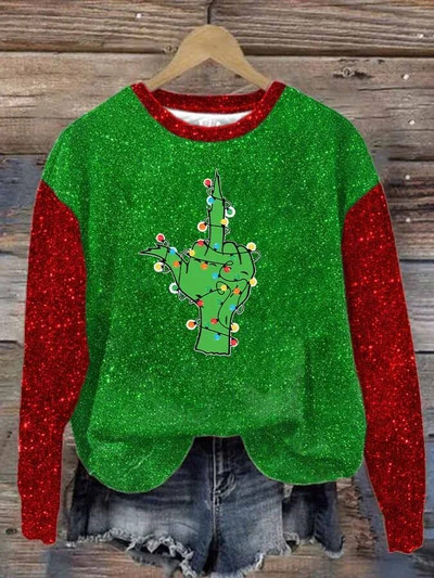 Sieviešu pulovers Ziemassvētku eglītes fliteriem apdrukāts sporta krekls ar apaļu kakla apkakli pamata džemperis brīvs ielas ar garām piedurknēm rudens ziemas tops