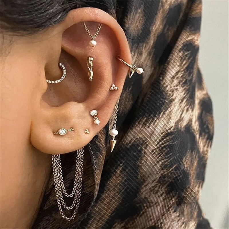 18G 8mm Push In Ausu pīrsings Pušķu ķēdes Pušķu Pērļu Dangle Auskari Meiteņu Ausu Pīrsingi 3 Metāla Krāsa Luksusa CZ Hot Jewe