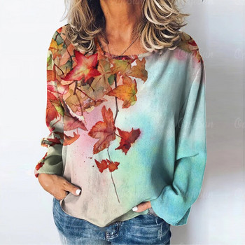 Горнища с дълъг ръкав Дамско облекло Есенни 3d Суичъри с принт на кленови листа Тениска Големи размери Дамски дрехи Модни тениски за 2023 г.