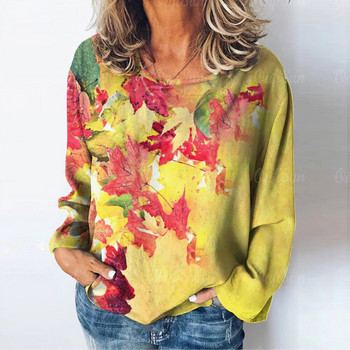 Горнища с дълъг ръкав Дамско облекло Есенни 3d Суичъри с принт на кленови листа Тениска Големи размери Дамски дрехи Модни тениски за 2023 г.