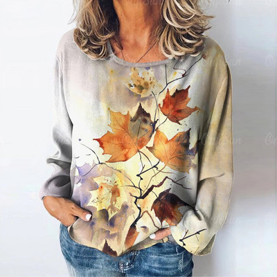 Topi ar garām piedurknēm Sieviešu apģērbi Rudens 3d Kļavas Lapu Apdrukas Džemperi T-krekli Liela izmēra sieviešu apģērbi 2023. gada modes trikotāžas izstrādājumi