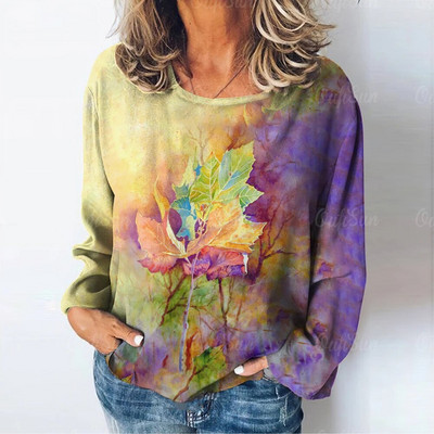 Topi ar garām piedurknēm Sieviešu apģērbi Rudens 3d Kļavas Lapu Apdrukas Džemperi T-krekli Liela izmēra sieviešu apģērbi 2023. gada modes trikotāžas izstrādājumi